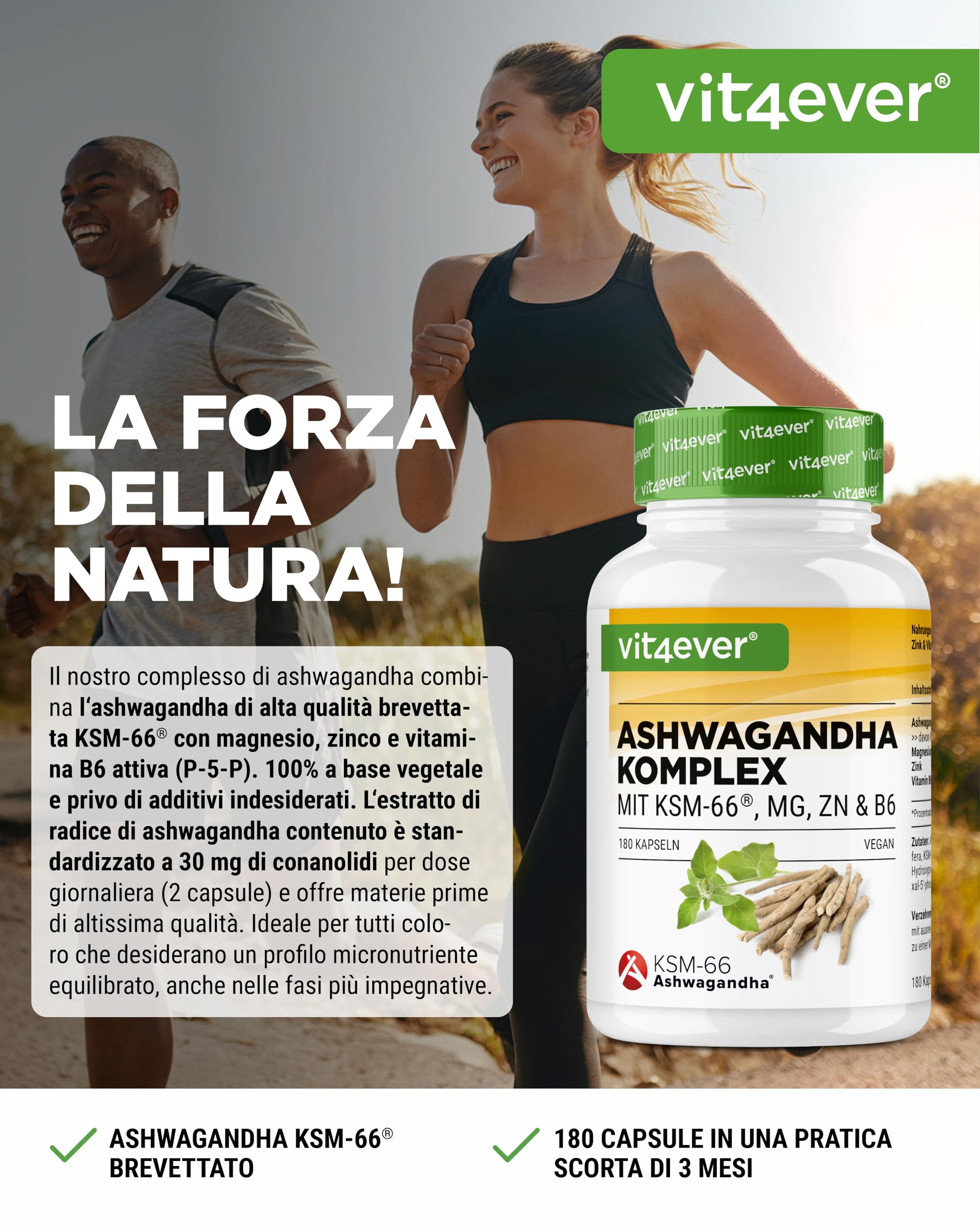 Complesso di Ashwagandha KSM-66® - 180 capsule - 600 mg di ashwagandha al giorno - Con magnesio, zinco e vitamina B6 - Senza additivi - Altamente dosato - Vegan