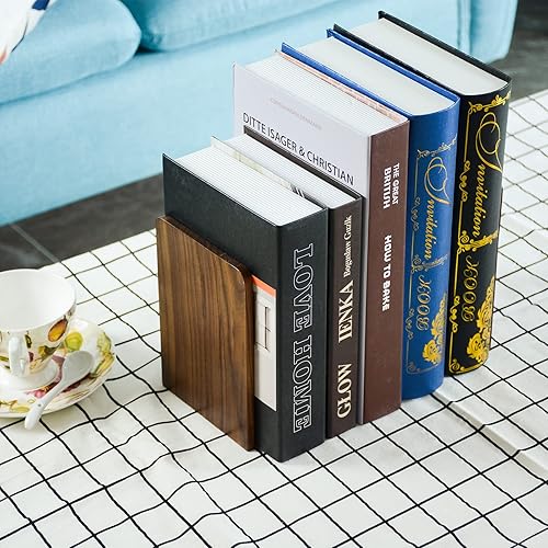 Miniatura 4 de Sujetalibros grande para libros pesados, 7 x 4 x 5 pulgadas, paquete de 3 sujetalibros de madera para libros pesados, extremos de libros de nogal