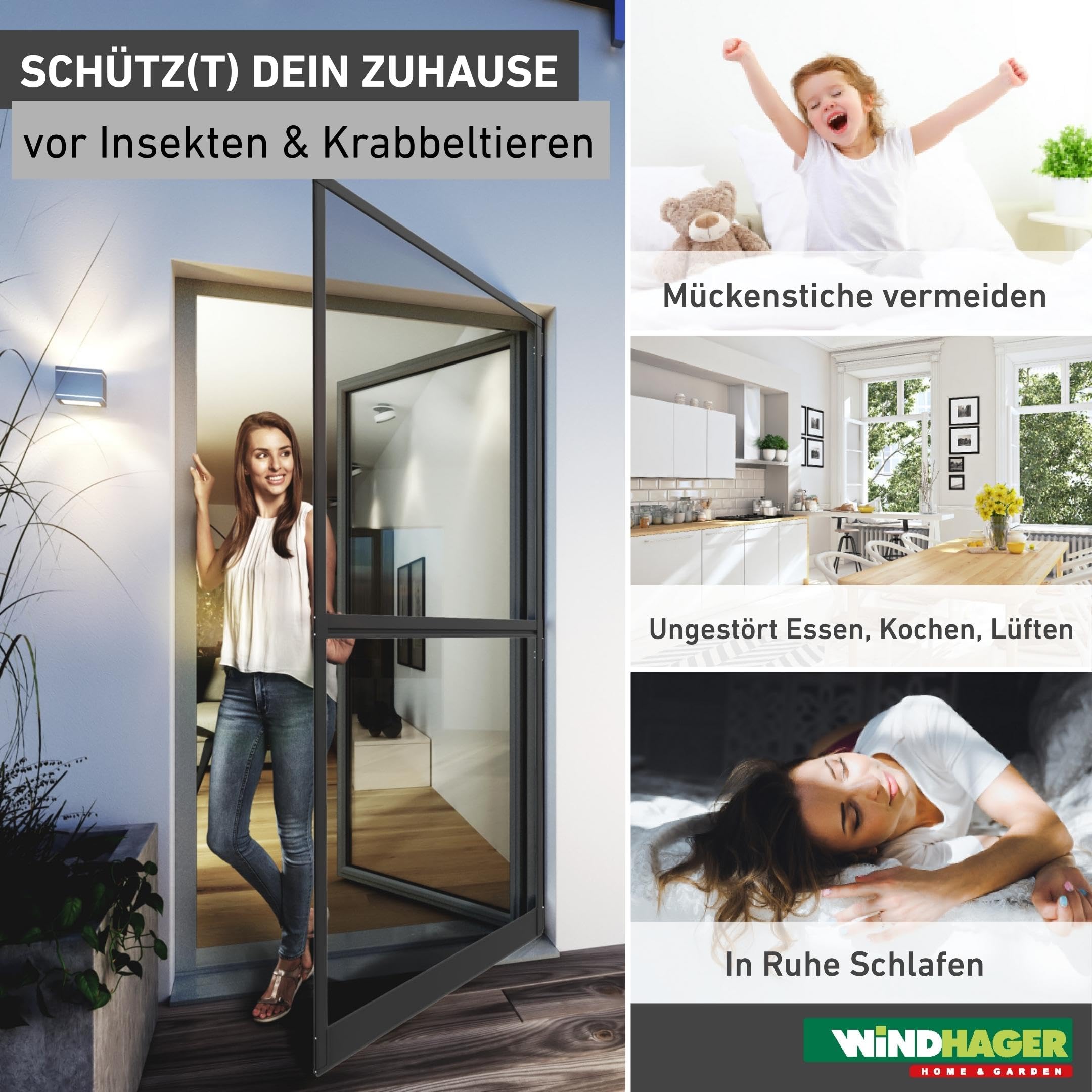 Windhager Insektenschutz Tür, 100 x 210 cm, anthrazit, Spannrahmen-Tür Expert Fliegengitter Alurahmen für Türen, 04532
