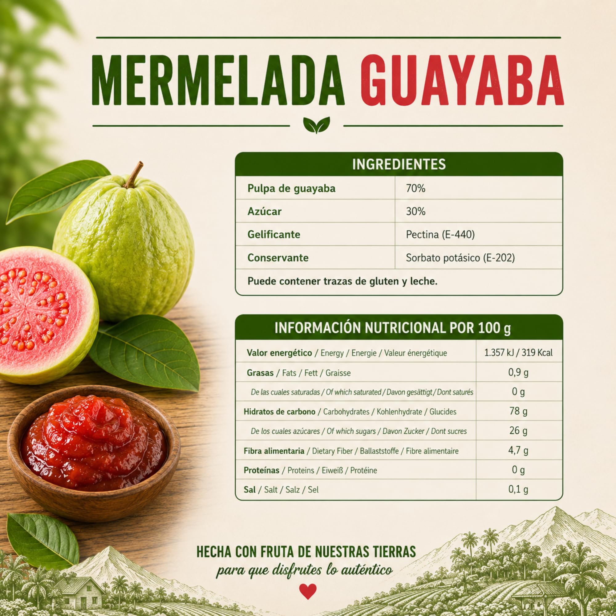 Gourmet Latino - Mermelada de Guayaba - 260 g - Ideal para Desayuno o Meriendas - Sabor Tropical Auténtico - Alto Contenido en Hidratos de Carbono
