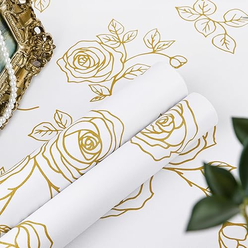 Amiya Papel tapiz de flores para despegar y pegar, papel tapiz bohemio dorado y blanco, renovación de dormitorios, armarios, etc. Papel tapiz de