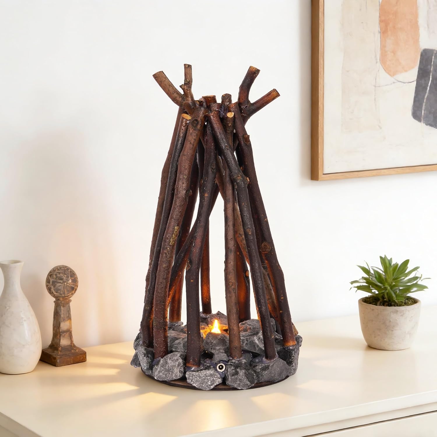 Woodland Campfire LED Night Lamp, USB Wooden Campfire Night Lights, Wooden Campfire Table Lamp, LED Campfire Light with Flame Sound, 3 Lighting Modes Fire Lamps for Bedroom (1)
