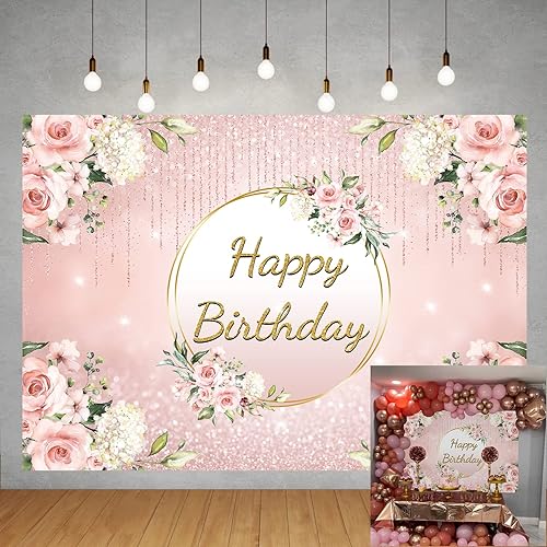 Telón de fondo de cumpleaños floral de oro rosa, letrero de feliz cumpleaños, fondo bokeh, mujeres, niñas, princesa, adultos, decoración de fiesta