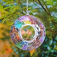 Vista 8 de Yinns Comederos de vidrio para pájaros colgantes en el exterior, comedero para pájaros con forma redonda solar para decoración de jardín de patio