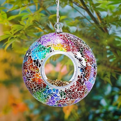 Miniatura 8 de Yinns Comederos de vidrio para pájaros colgantes en el exterior, comedero para pájaros con forma redonda solar para decoración de jardín de patio