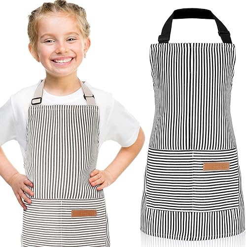 Jiuguva Paquete de 2 delantales de chef ajustables de algodón para niños pequeños, delantales de cocina con 2 bolsillos para hornear niños Jiuguva Paquete de 2 delantales de chef ajustables de algodón para niños pequeños, delantales de cocina con 2 bolsillos para hornear niños