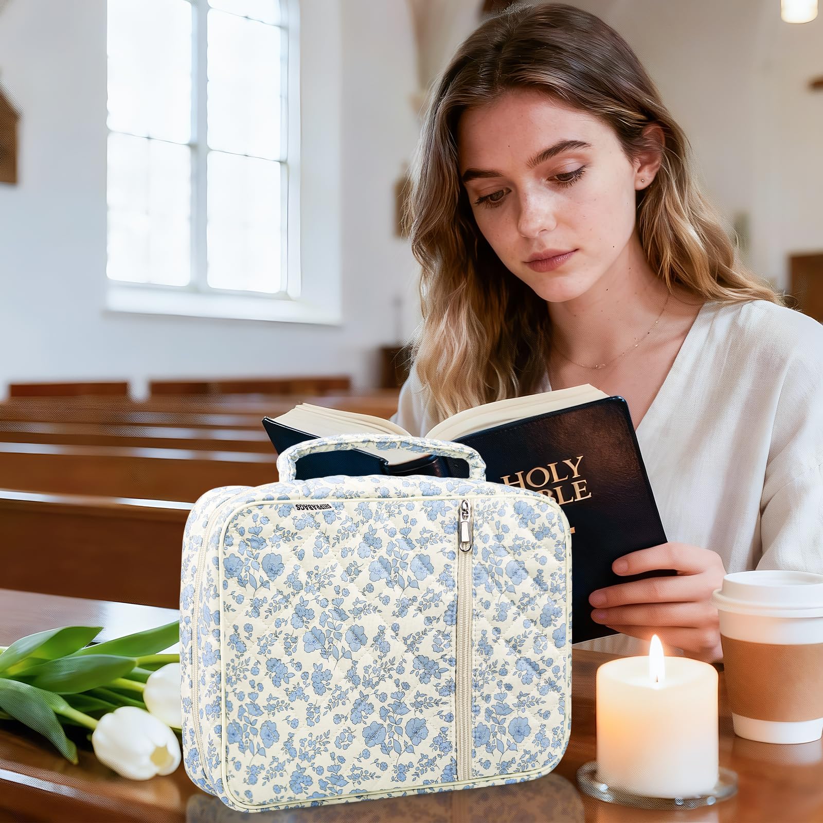 Gesteppte Bibelhülle für Frauen mit Bibelstudiumsbedarf, Journaling-Set, Blumen-Bibeltasche, Tragetasche mit pastellfarbenen Textmarkern, christliche Geschenke für Frauen (blaues