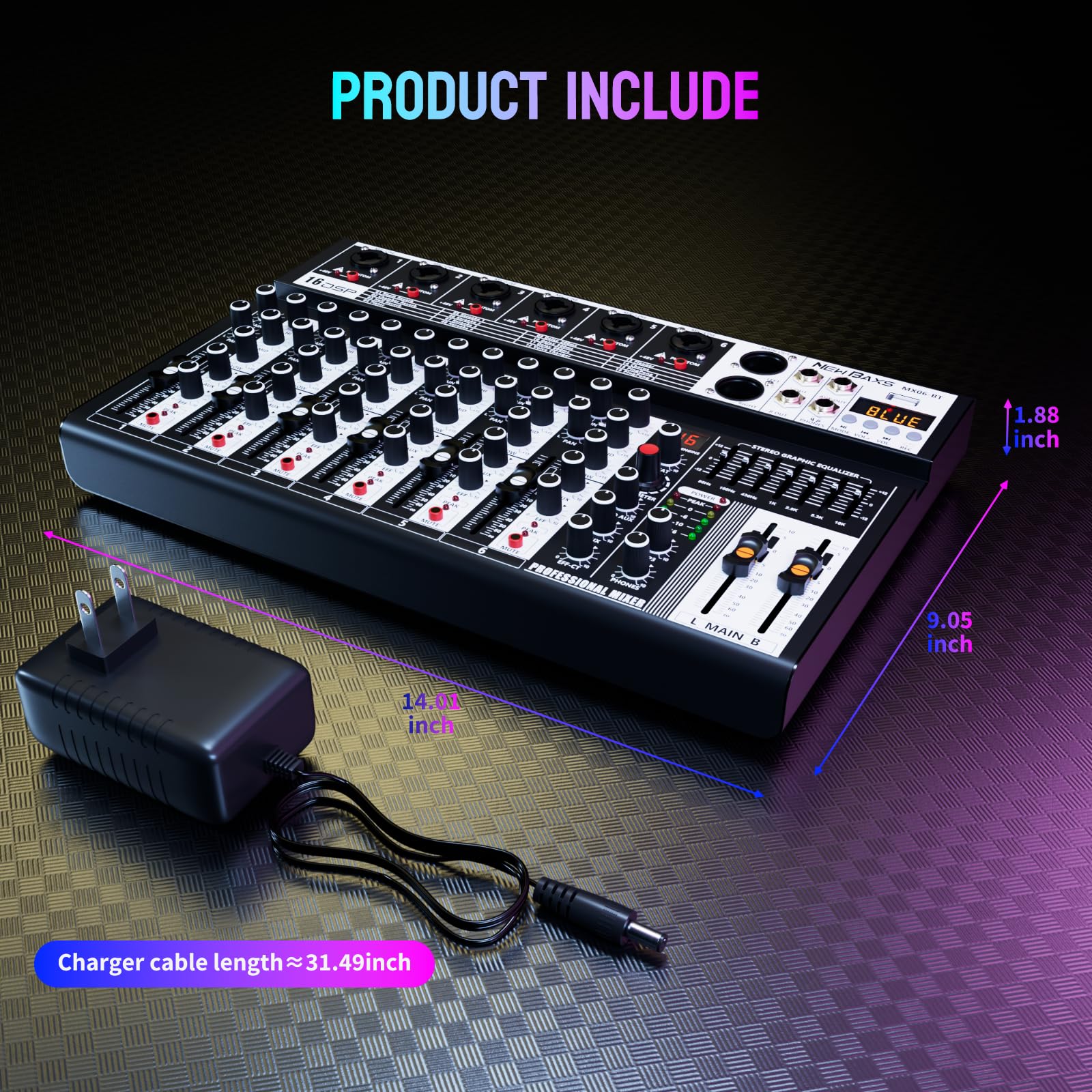 Professional Audio Mixer,6 Channel Audio Interface Sound Board Mixing Console System with Monitor,16 DSP DJ Bluetooth Mixer Reverb Effect +48V Phantom For Karaoke Studio Streaming Recording