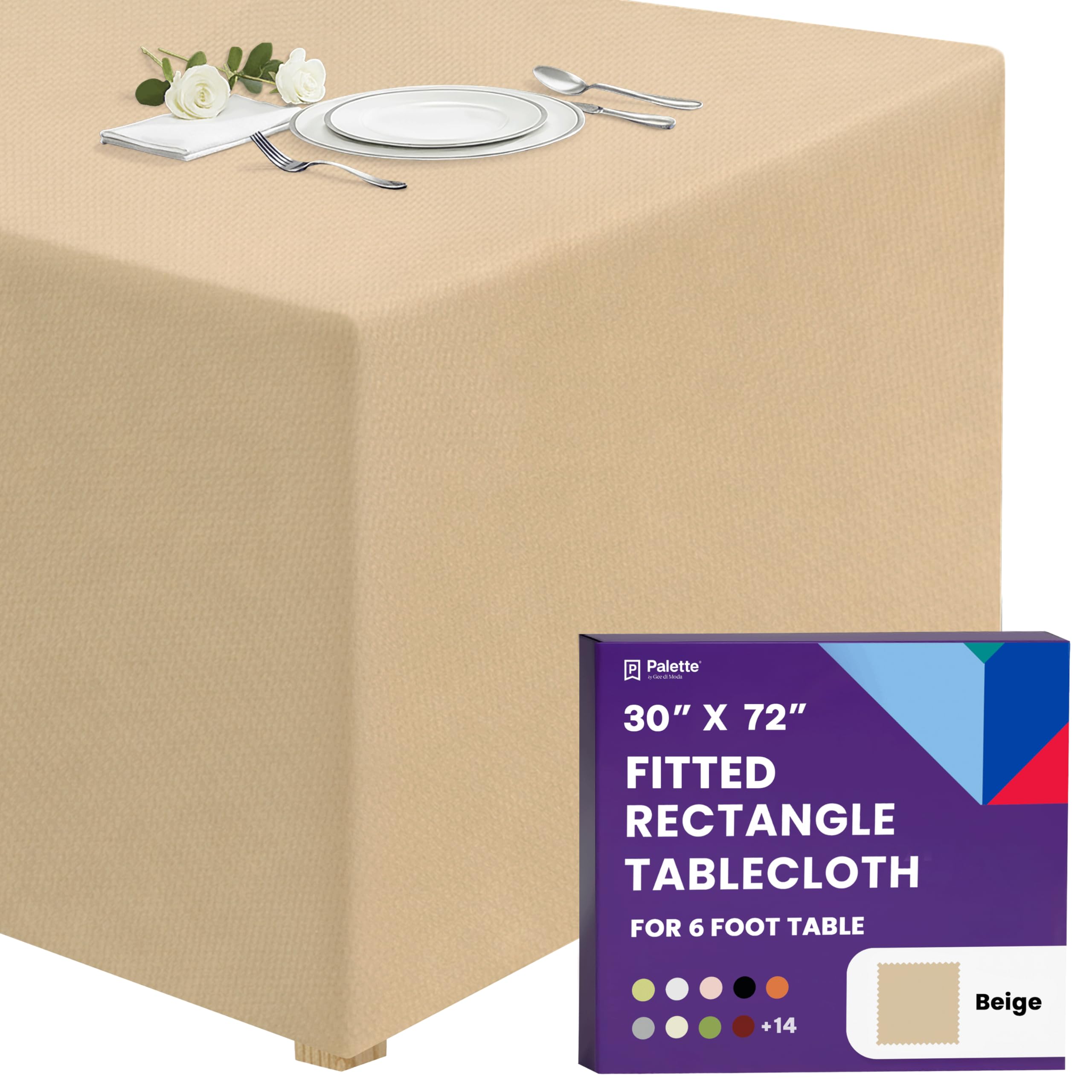 Gee Di Moda Fitted Tablecloth - 72 x 30 Inch Beige Fitted Tablecloth - Heavy Duty Washable Fabric - For 6 Ft Buffet Table, Dinner Party, Wedding & Trade Show