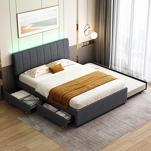 Queen Size Upholstered Platform Bed with Trundle,2 Storage Drawers & USB/Type-C Charging,Linen Fabric Bed Frame with APP-Controlled LED Lights,No Box Spring Needed for Bedroom,Dark Gray