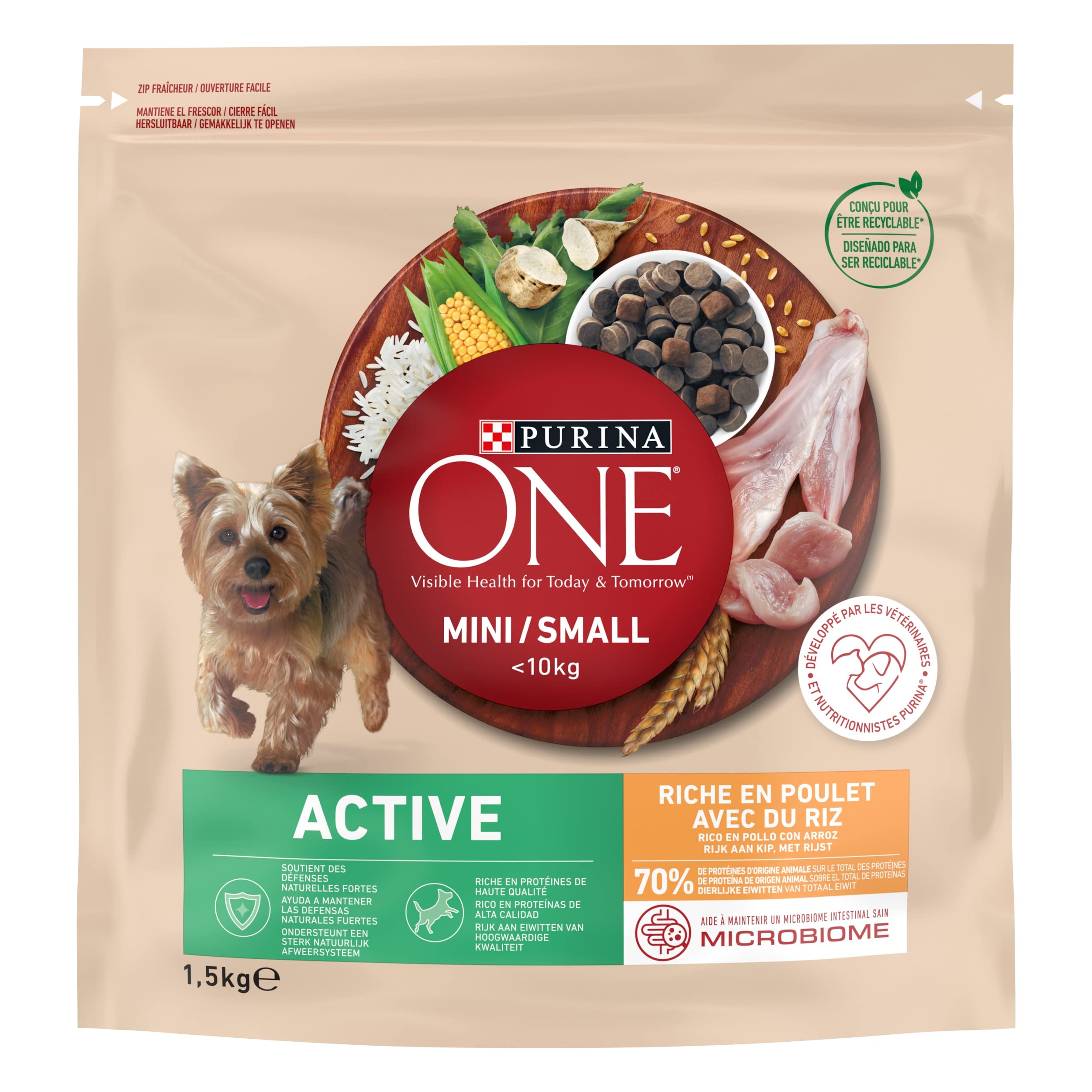 PURINA ONE | MINI | ACTIVE | Croquettes pour Chien Adulte Actif de petite taille, <10 Kg | Protéines de haute qualité pour aider à soutenir des muscles forts | Au Poulet | Sac | Lot de 6 x 1,5 Kg