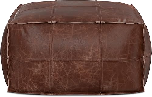 Miniatura 9 de SIMPLIHOME Sheffield - Puf cuadrado bohemio de 26 pulgadas de ancho en piel marrón envejecida, para sala de estar, dormitorio y habitación de los