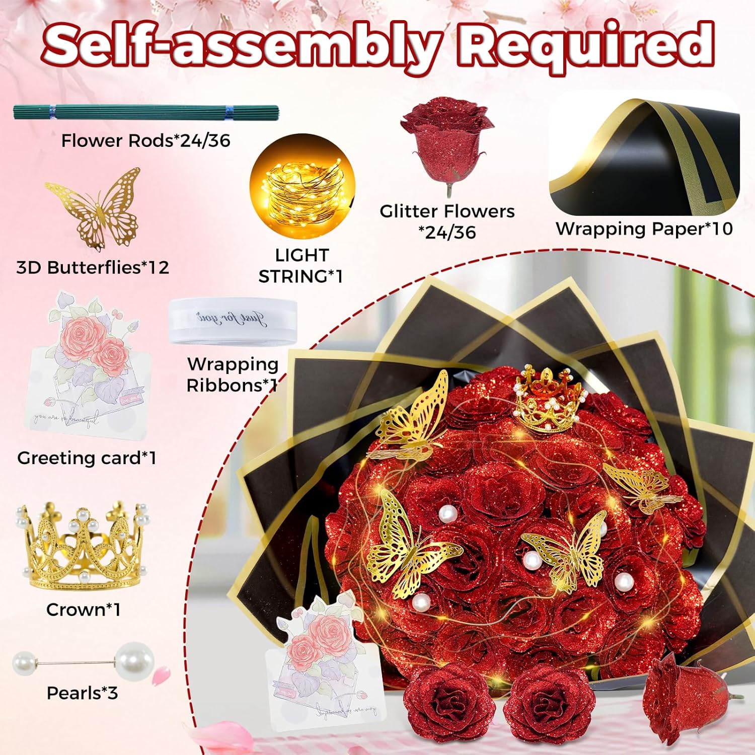 Red Glitter Roses Bouquet, 24 Pcs Shiny Glitter Flowers Bouquet, Everlasting DIY Artificial Roses Bouquet for Christmas, Birthday, Anniversary, Wedding, Engagement - Image 3