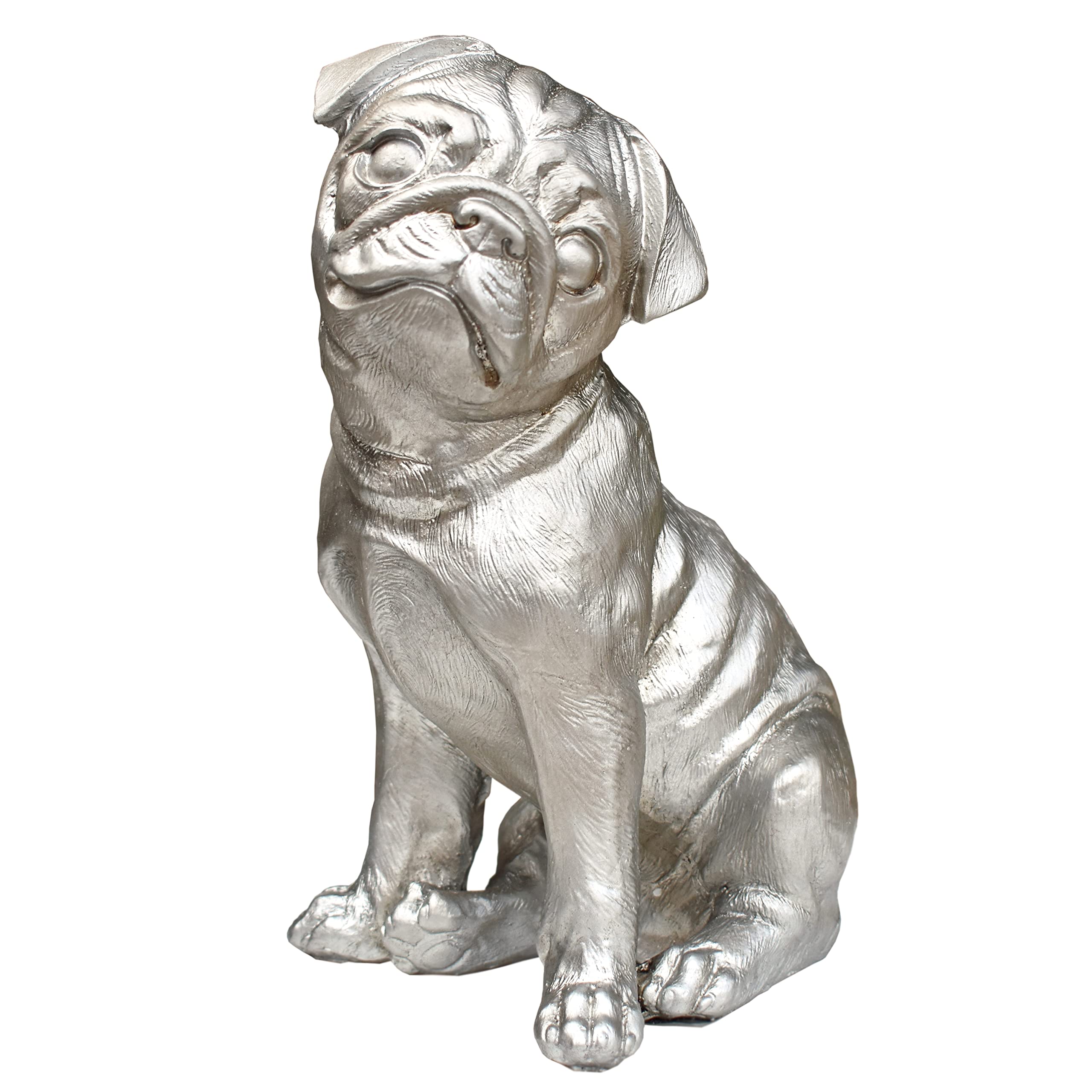 Silver Pug Sculpture 24cm Dog Home Decoration Puppy Ornaments, Pug Garden Statue outdoor, Resin Metallic Bulldog Puppies Figure for Living Room Lawn Patio Decorative (Silver Pug)