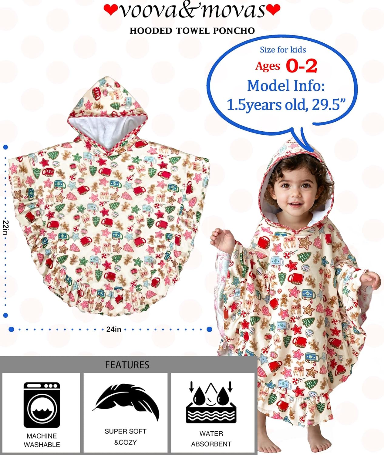 VOOVA & MOVAS Infant Hooded Towel Poncho with Ruffle Trim (0-2Years) | Soft 100% Cotton | Absorbent Thick Towel for Bath, Swim, Beach | Cozy, Gingersnap - Image 2