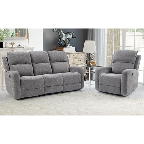 Manual Living Room Furniture Reclining Couch Set, Soft Fabric Recliner Chair and 3 Seat Sofa Couch for Meeting Room, Overstuffed Backrest(Recliner+3 Seat Sofa)