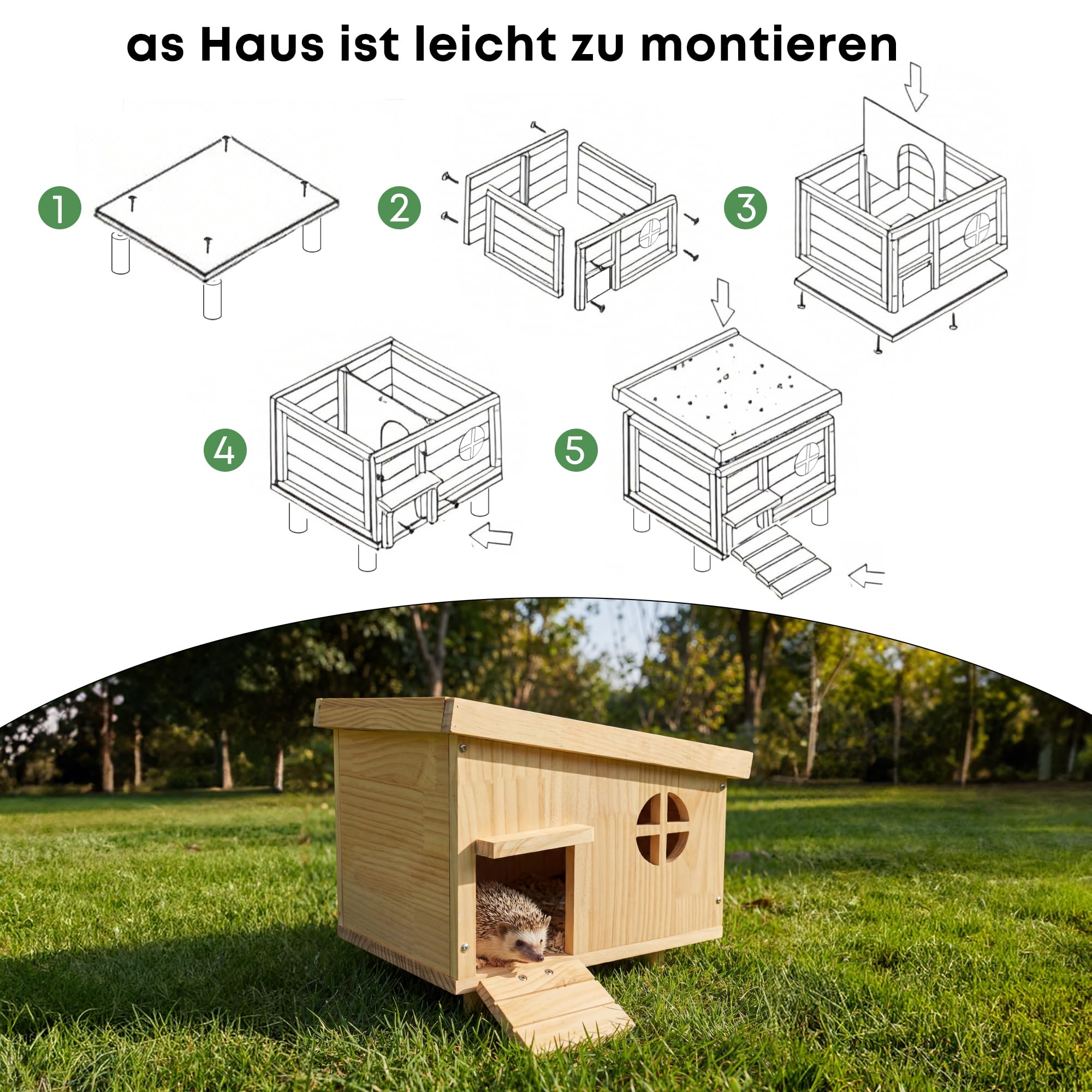 Igelhaus Winterfest mit Boden – sicheres Outdoor Igelhotel für den Garten, wetterfestes Holz Haus mit geschütztem Eingang & abnehmbarem Dach, Bausatz ohne Werkzeug – draussen trocken & warm