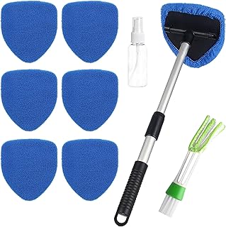 Kit Nettoyage Voiture, comprenant 6 tampons de nettoyage en microfibre, une brosse de climatisation et 1 flacon pulvérisateur ; poignée télescopique rotative à 180 degrés(Bleu)