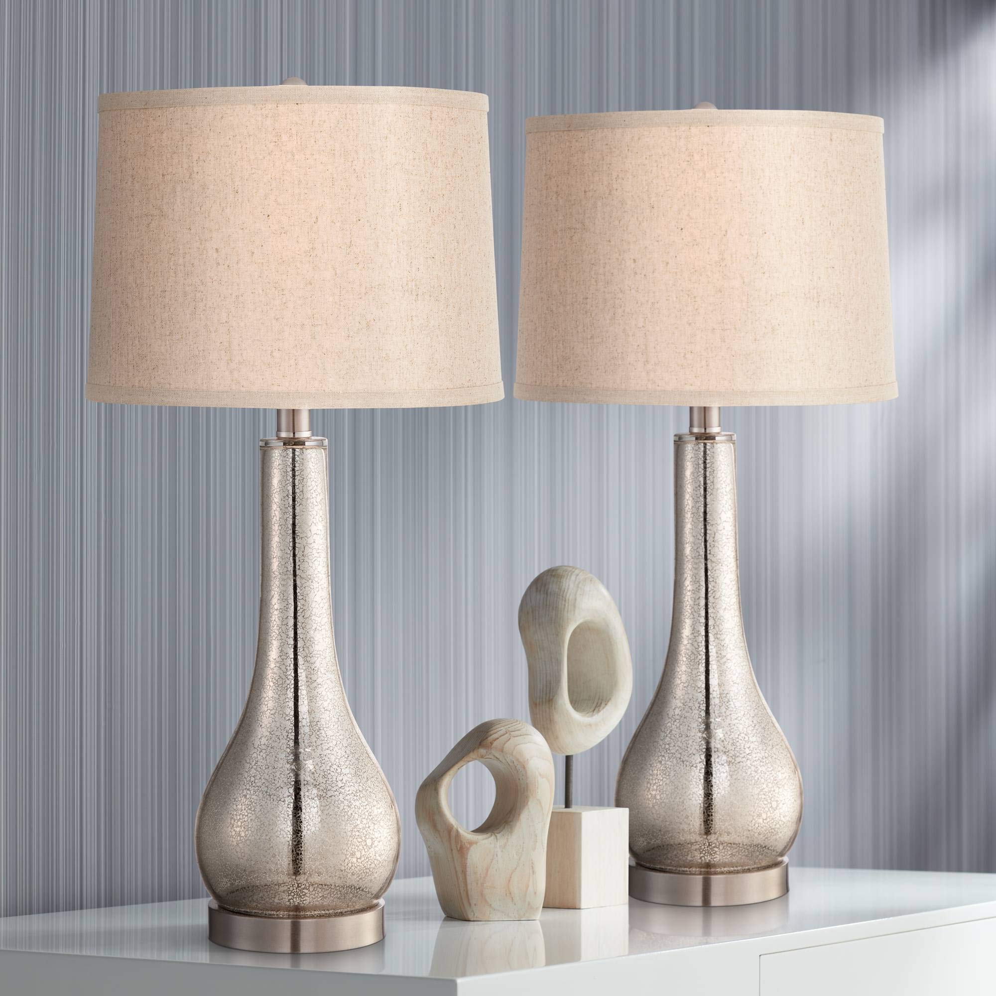Janna Modern Coastal Table Lamps Set of 2 Mercury Glass Brushed Nickel Metal Gourd Taupe Drum Shade 