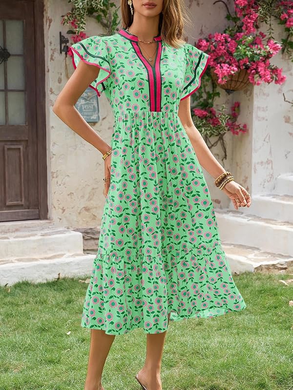 Wenrine Womens Summer Floral Midi Dresses Ruffle Cap Sleeve V Neck Striped Flowy Boho Casual Beach Vacation Sundress by Wenrine - Used condition - Image 5