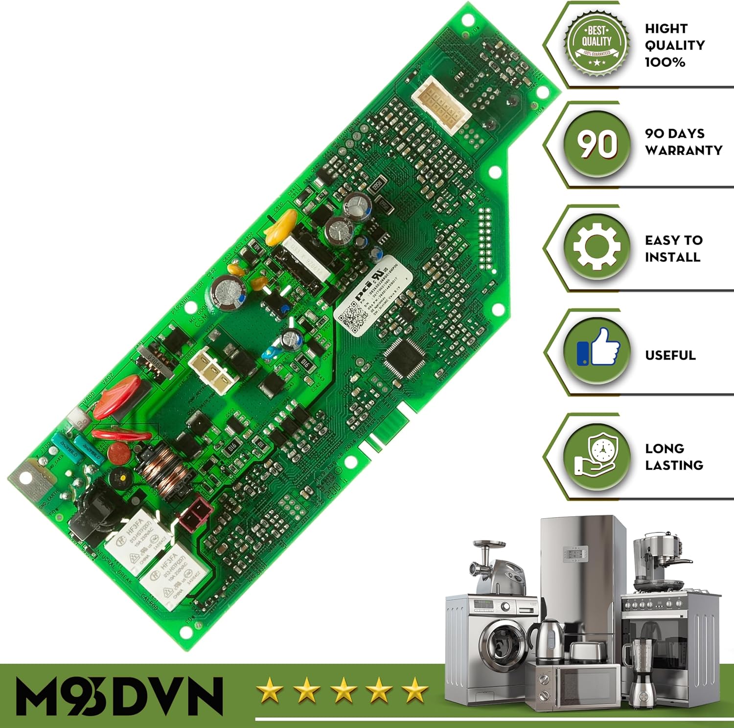 Angled view of the M93DVN Electronic Control Board with icons indicating quality and warranty