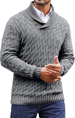 KAVIANA Men's Dressy Cable-Knit Sweater Buttoned Mock Neck Pullover for Fall & W