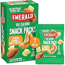 Emerald Nuts Cashews and Almonds with Dried Pineapple 7 Ct (1-Pack), 100-Calorie Individual Packs of Mixed Nut Blend and Dried Fruit