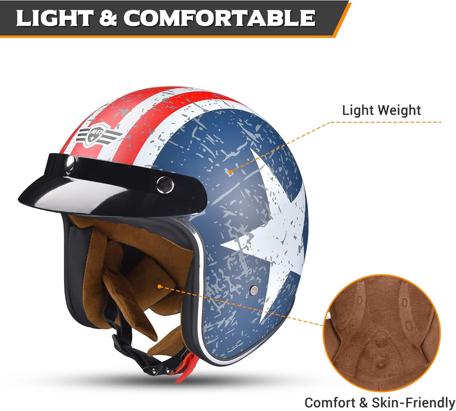 AHR RUN-O5 3/4 Open Face Motorcycle Helmet with Visor Retro Vintage Moped Bobber Scooter Cruiser Helmet for Men Women DOT (Patriotic Flag Style, M)