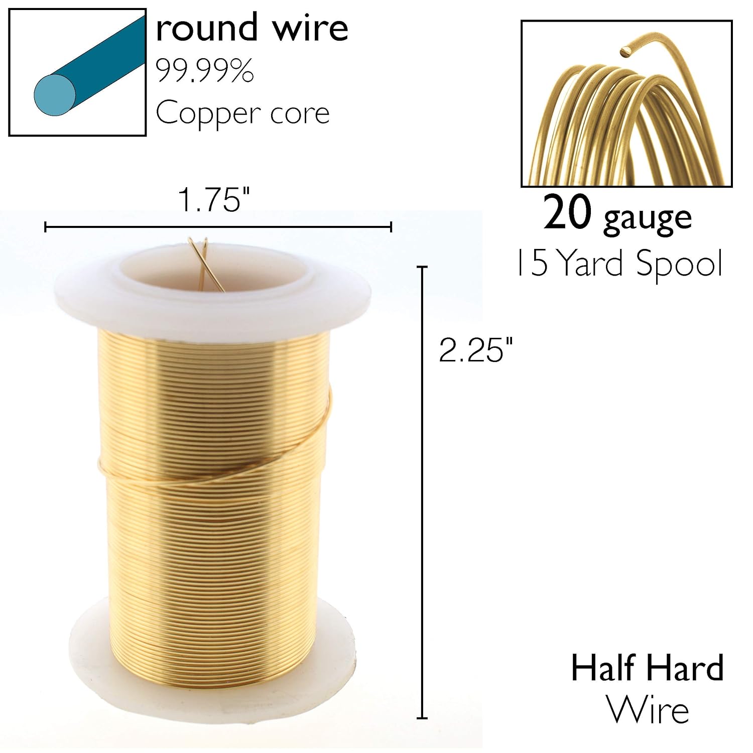 The Beadsmith Wire Elements 20-Gauge Lacquered Tarnish-Resistant Copper Wire for Jewelry Making, 15 Yard, 13.72 Meter Spool (Gold)