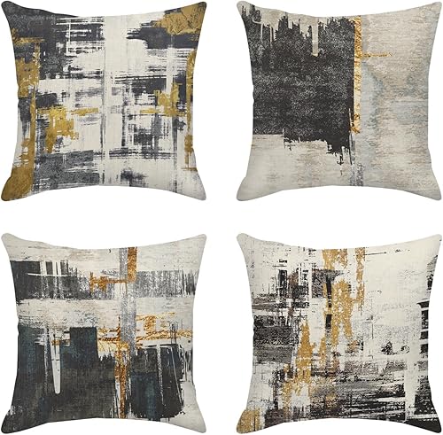 Juego de 4 fundas de almohada decorativas para decoración del hogar, diseño abstracto negro y dorado, fundas de almohada decorativas de 18 x 18