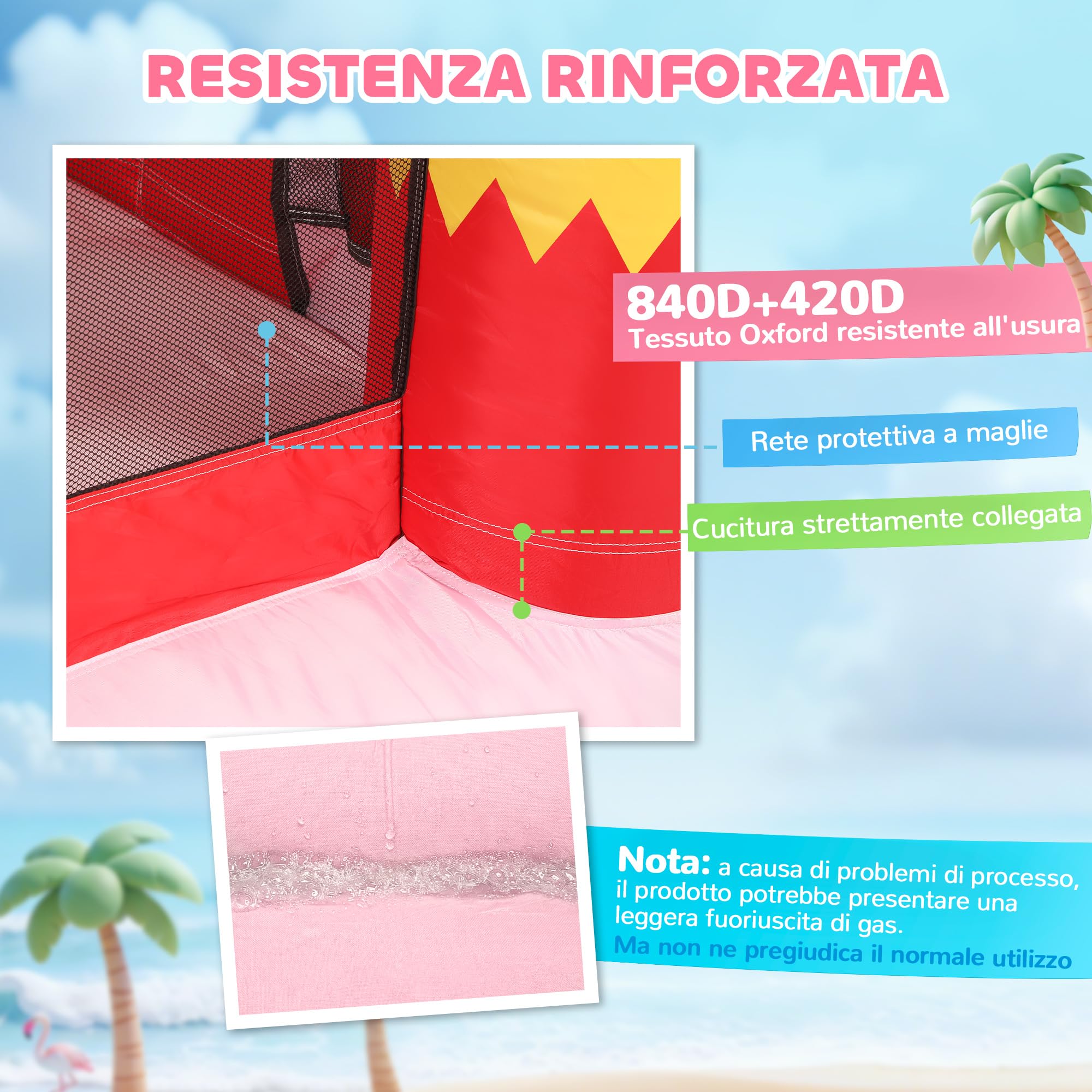AIYAPLAY Castello Gonfiabile per Bambini 4 in 1, Scivolo, Trampolino, Piscina Palline, Canestro, Palloni Basket, Tema Fenicottero, Soffiatore, Borsa Trasporto, Interni Esterni, 255x230x196cm, Rosa