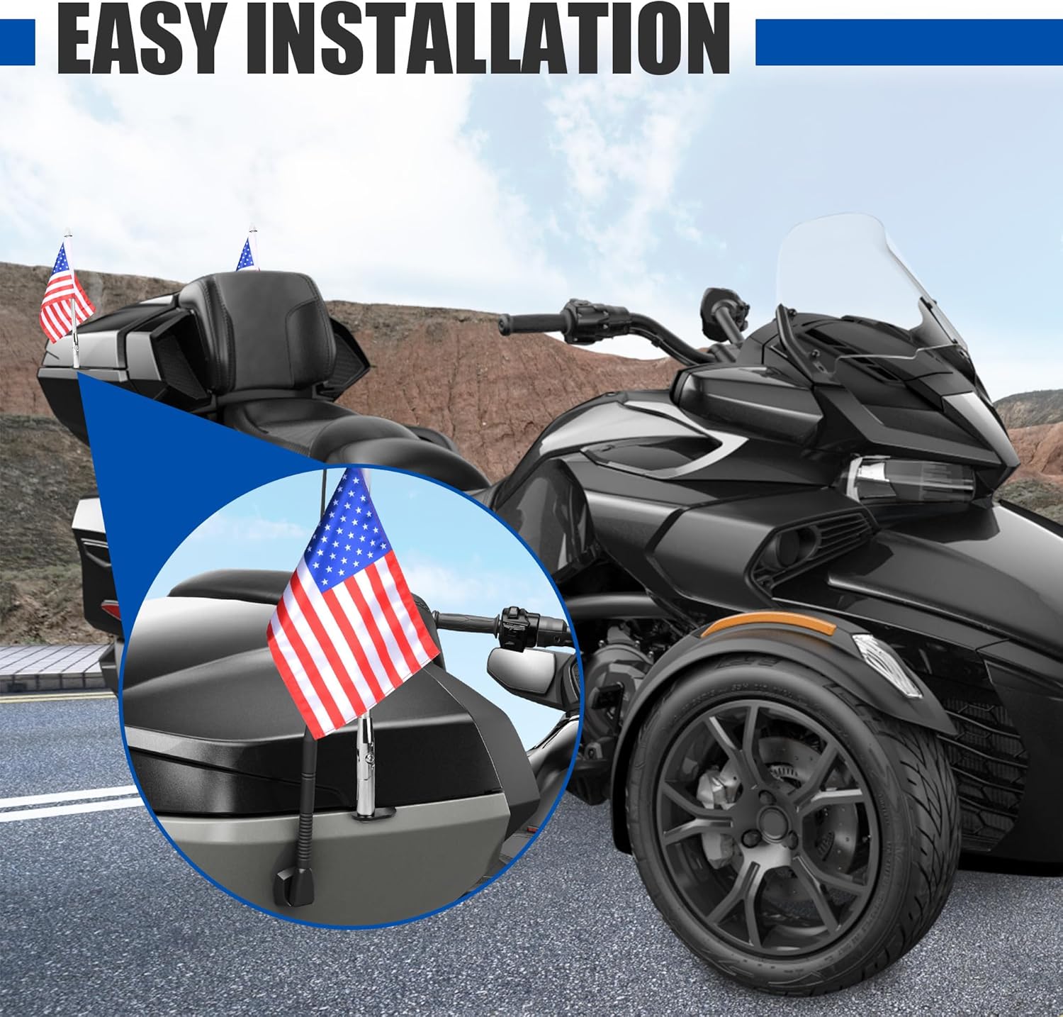 Trunk Flags Pole Mount Bracket for Can-Am Spyder F3 F3-Limited 2017-2025 Spyder RT 2020-2025 Accessories, Aluminum Foldable Flagpole with 6pcs Flags Mounting Kit for Spyder