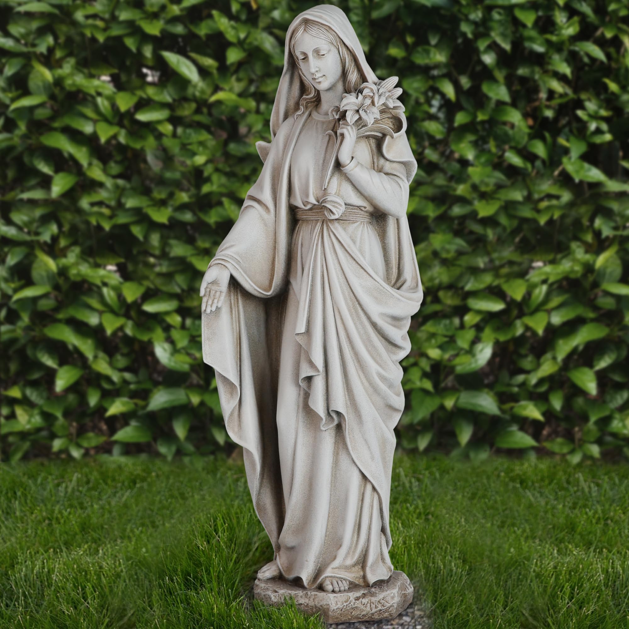 Grace4Joy Virgin Mary Statue Outdoor, 24 Inches Blessed Mother Mary Garden Statue, Rustic Saint Mary Holding Lilies Outdoor Sculpture for Home Yard