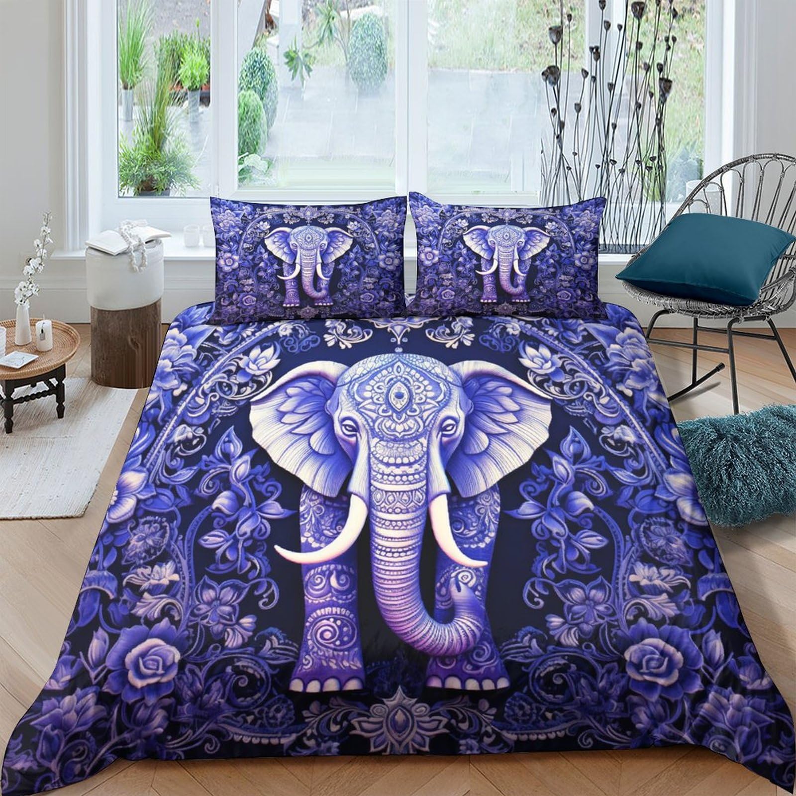 Housse de couette éléphant 200x200 parure de lit 3 pièces microfibre motif fleurs 3D