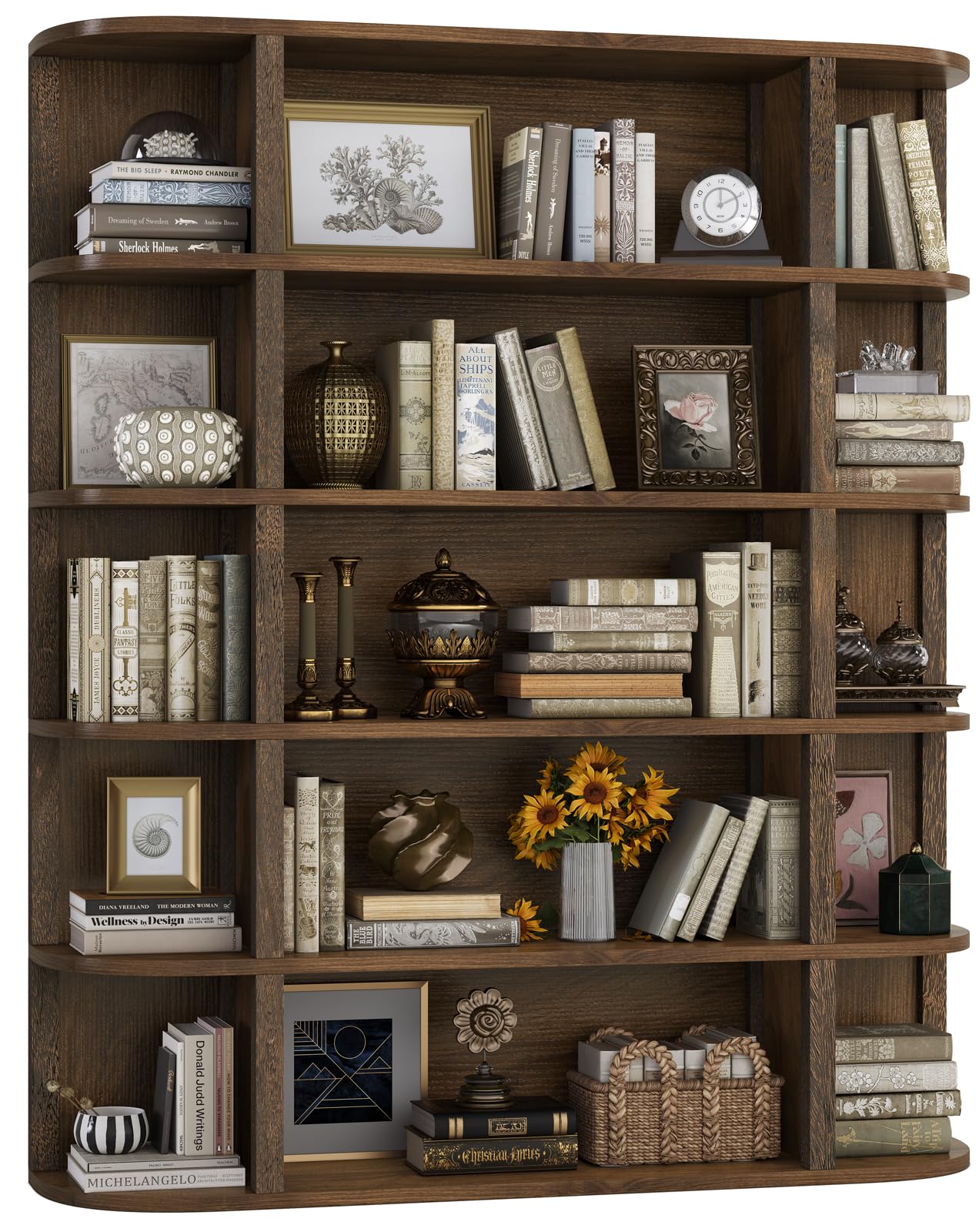 Five-Tier Wood Bookshelf with Curved Sides