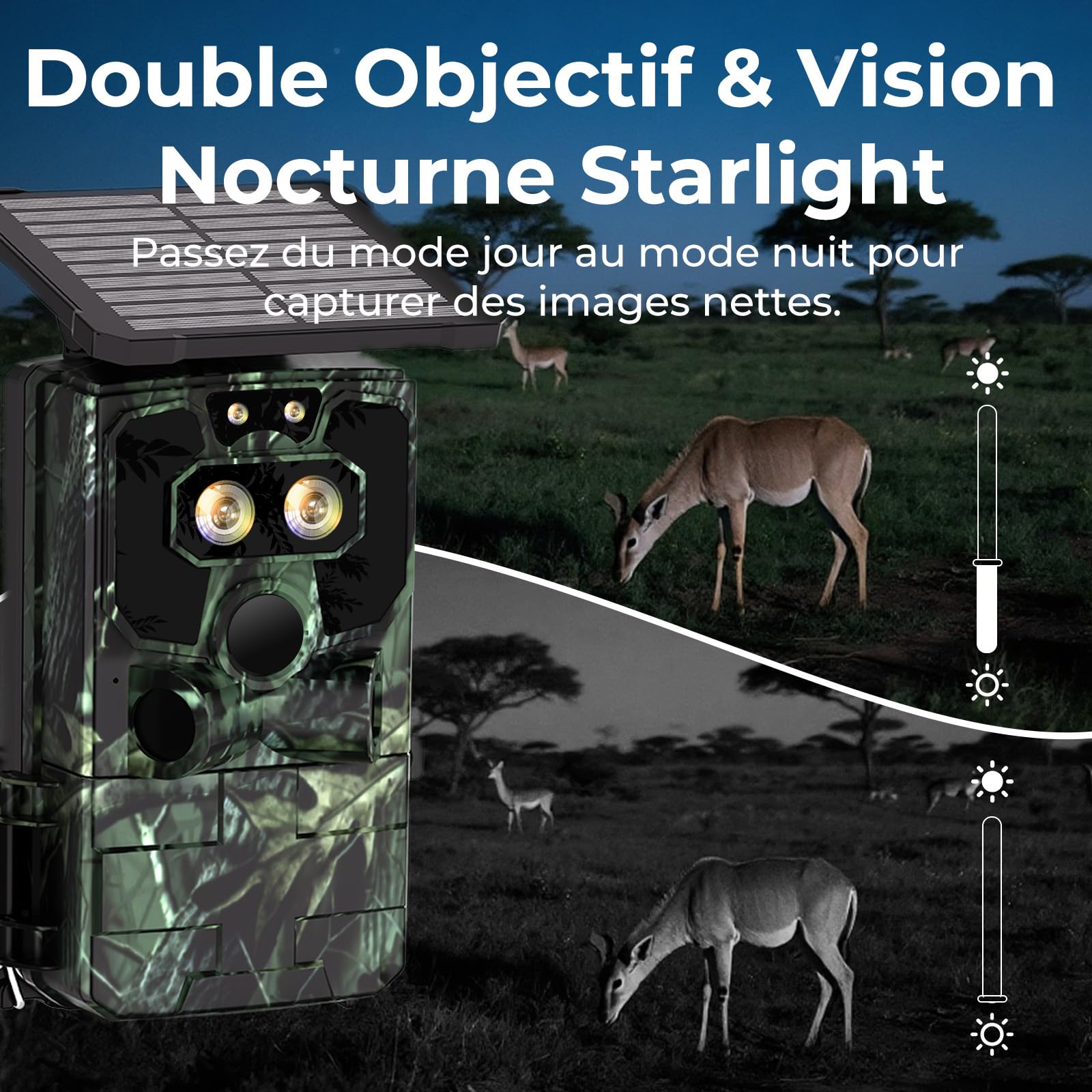 Caméra de chasse WiFi solaire, double objectif, vision nocturne Starlight | Connectée au téléphone via l’application et Bluetooth, vidéo 4K native, photos 60 MP, batterie lithium intégrée, 0,1 s, IP66