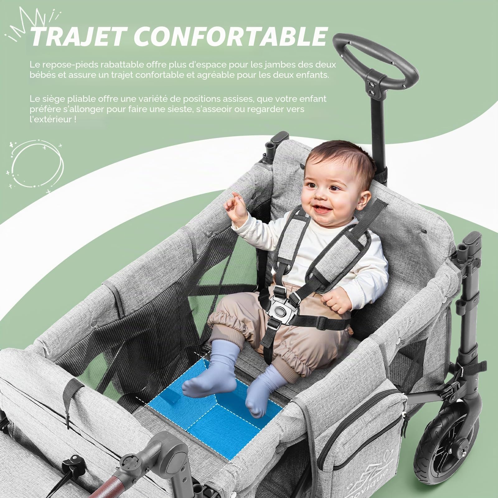 Chariot pliable avec toit, chariot de qualité supérieure pour 2 enfants, poussette double avec toit, plateau à collations, ceinture à 5 points, roues en polyuréthane pour tout-terrain, chariot de