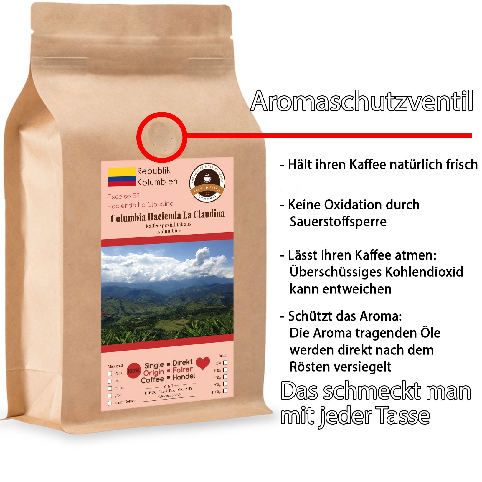 Kaffee Globetrotter - Kaffee Mit Herz - Colombia Hacienda La Claudina - 2 x 1000 g Grob Gemahlen - für Kaffee-Vollautomat, Kaffeemühle - Röstkaffee Fair Gehandelt | Nachfüllpack Sparpack
