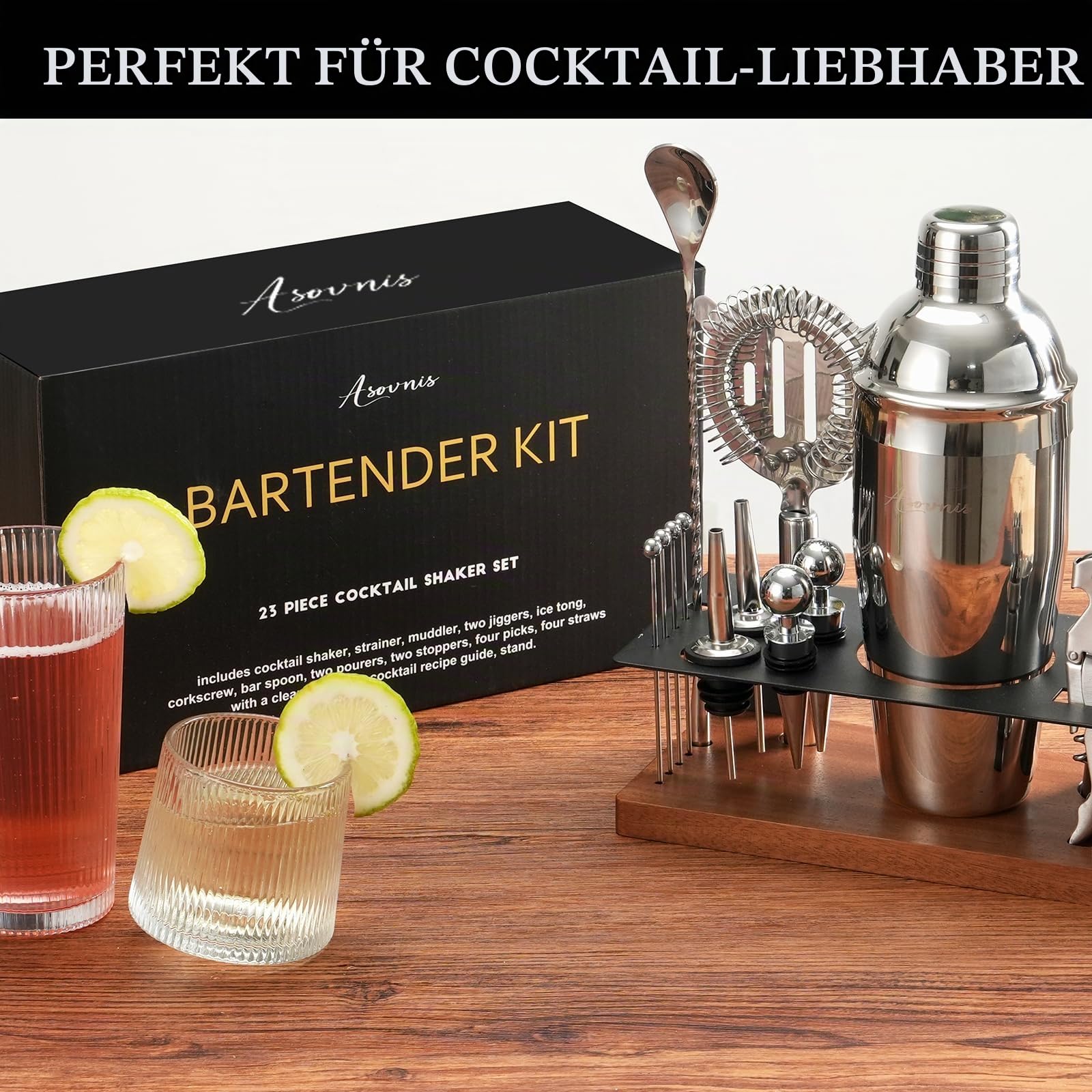 23-teiliges Barkeeper-Set, Cocktail-Shaker-Set mit Ständer|Bar-Getränkemixer-Set mit allen wichtigen Bar-Tools: Martini-Shaker, Sieb, Löffel, Stößel, für Zuhause, Bar, Party (braun-F)