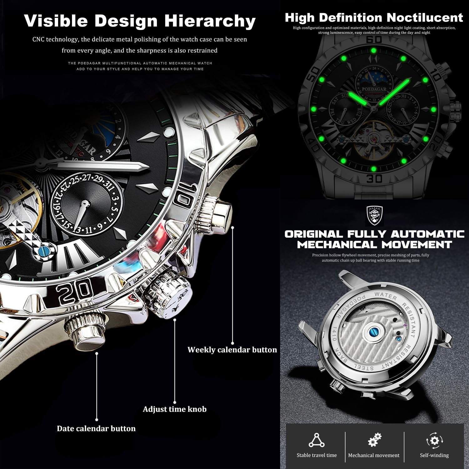 FORSINING Mechanical Men's Watch, Moon Phase Tourbillon Automatic Self-Wind Wristwatch, Luxury Stainless Steel Band 43mm Big Dial Mens Wrist Watch with 3 Sub Dial - Image 6