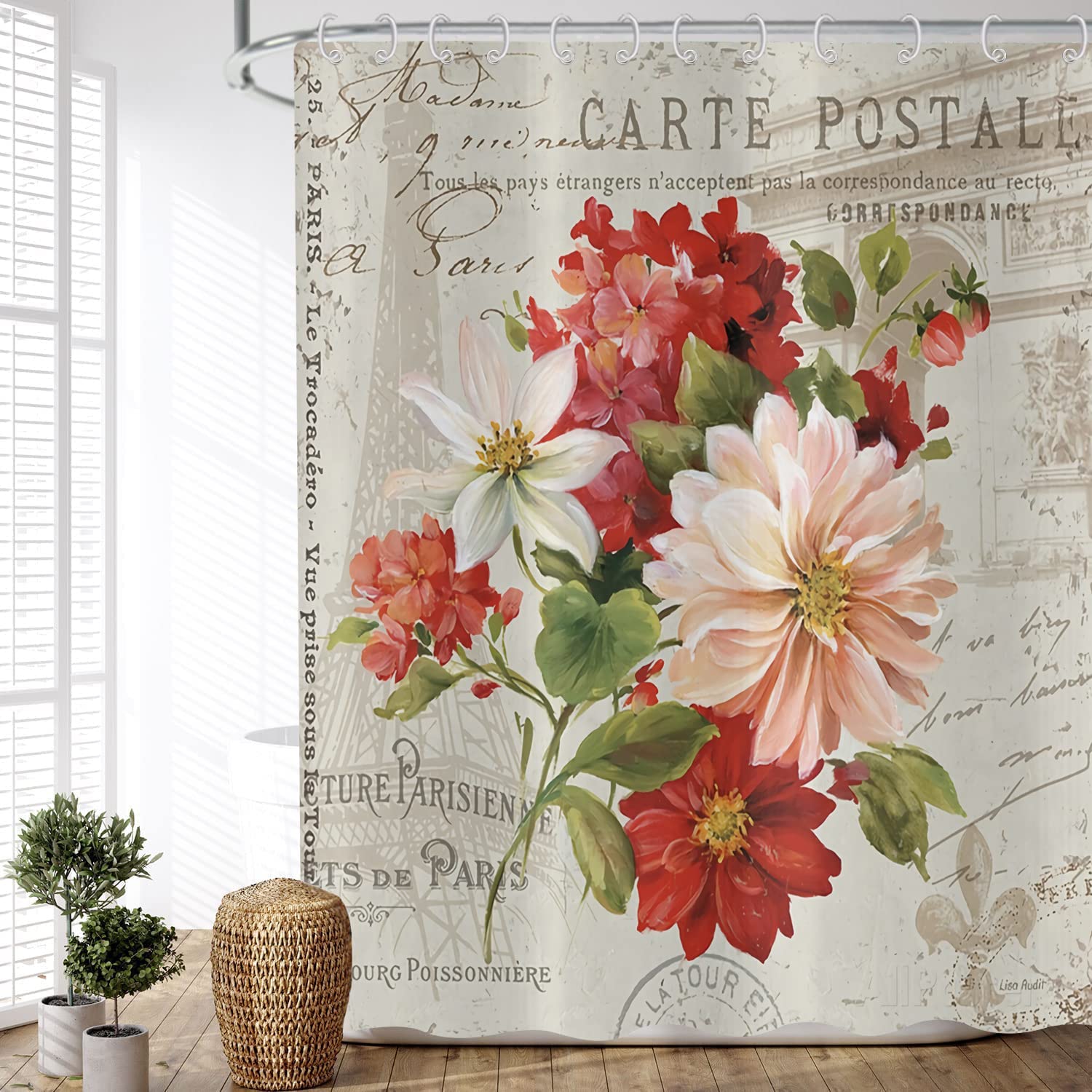 ASDCXZ Shower Curtain Flowers Vintage 90x180 cm, Retro Background Rose Red White Flowers Motif Waterproof Textile Bath Shower Curtains Washable Fabric Shower Curtain for Bathtub with 6 Hooks — image 1