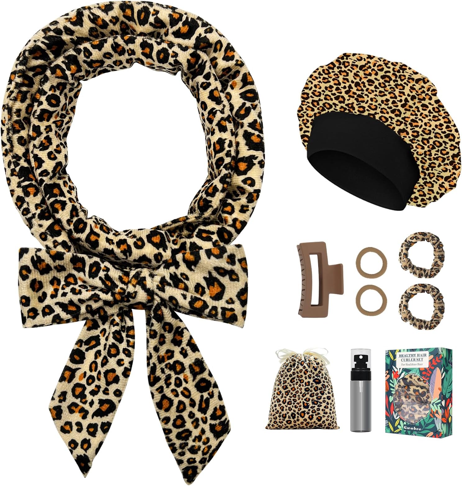 Gwabee No Heat Overnight Curl Headband - 70" Soft Ribbon Wrap for Long Hair, 9 PCS Curling Rods Set - Leopard Print Curls Headband