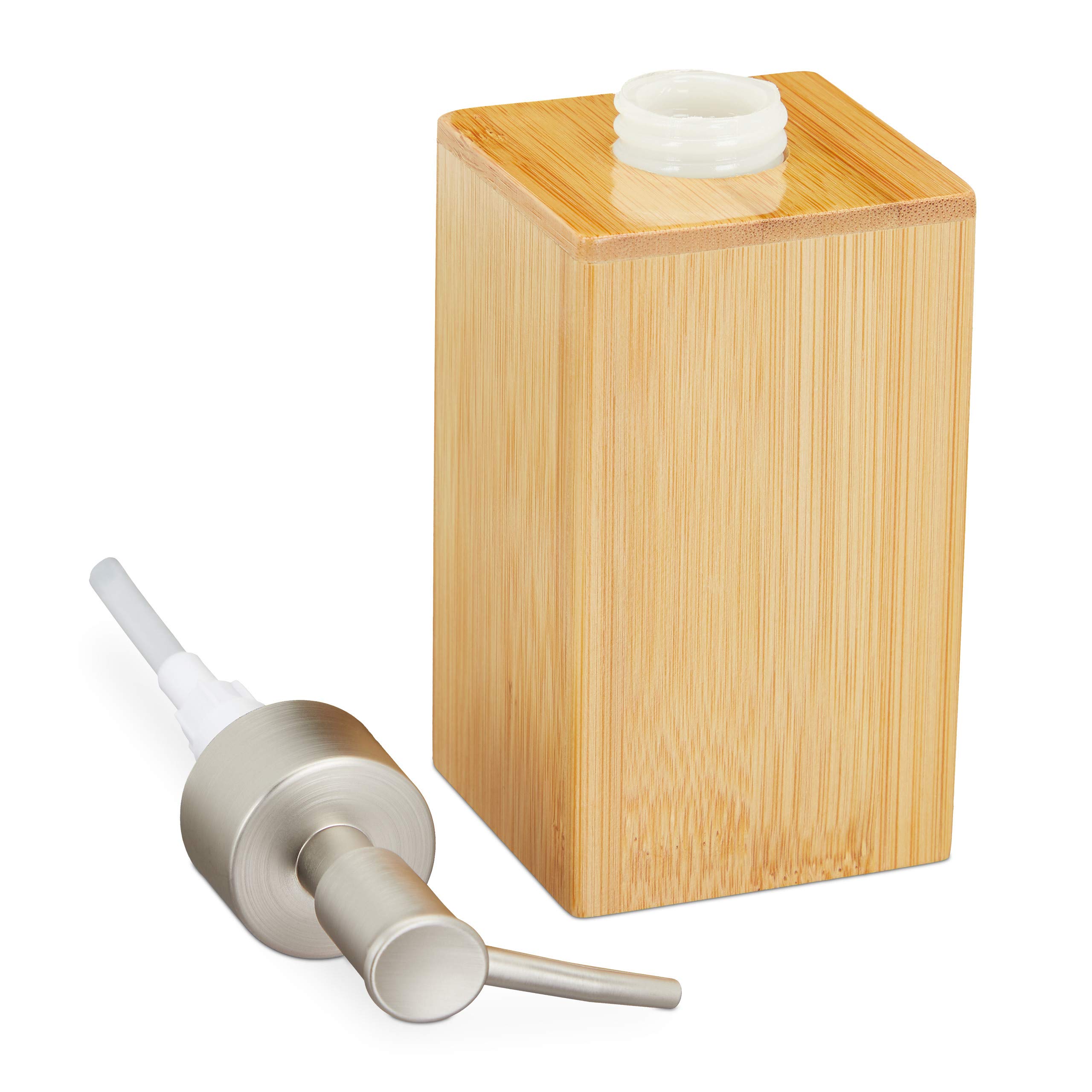 Relaxdays dozownik do mydła, do ponownego napełniania, z pompką, bambus i poliuretan, 200 ml, jasnobrązowy/srebrny