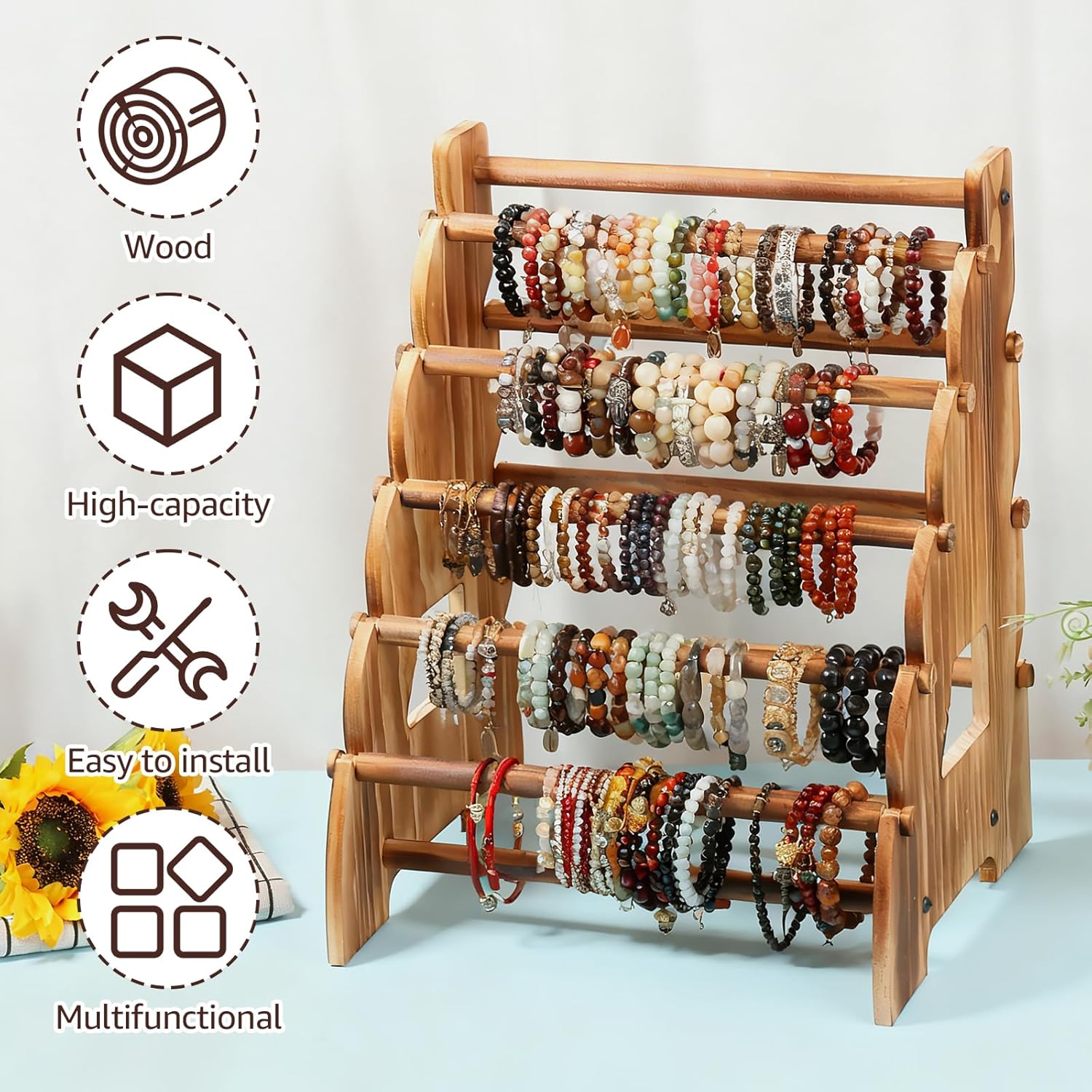 8 Tier Wooden Bracelet Holder, Adjustable Jewelry Bracelet Display Stand, Elegant Portable Wooden Bangle Holder, Jewelry Display Storage for Vendors, Retail Stores, Craft Shows and Home Storage - Image 7