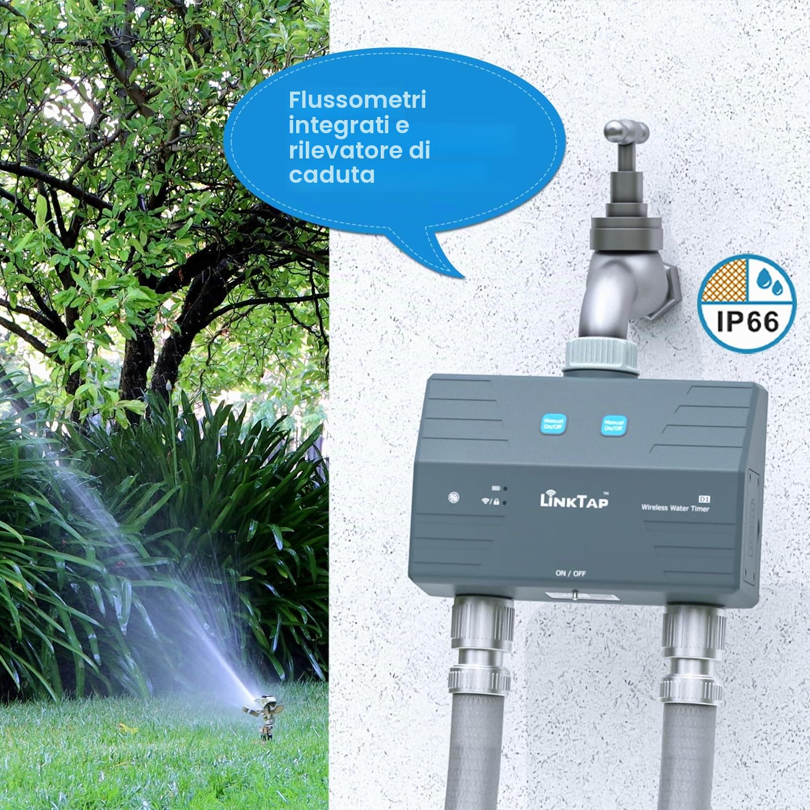LinkTap D1 Timer Irrigazione 2 Vie (Richiede Gateway), Antigelo, IP66 | Programmatore 2 Zone per Giardino, Prato e Orto, 2 Contalitri, Rilevamento Guasti, Adattamento Meteo, Rete Mesh, App Smart