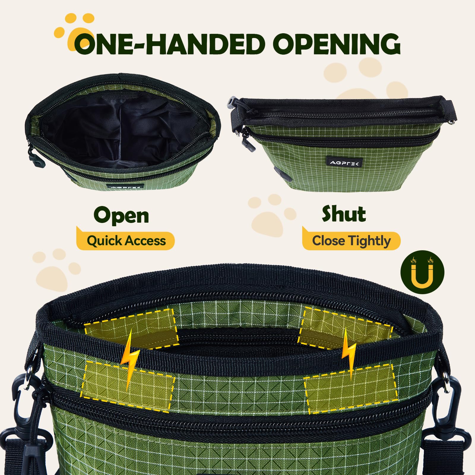 AGPTEK Dog Treat Pouch, Magnetic Dog Walking Pouch with Removable & Split Snack Bag, Water-Resistant Waist Pack with Poop Bag Dispenser & Hands-Free D-Ring for Training, Walking, Hiking, Run, Green - image 2