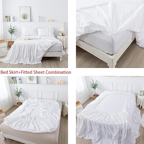 Vista 11 de Softta Falda de cama de 3 piezas, tamaño Queen, con borlas y volantes, estilo bohemio, 100% algodón lavado, color blanco sólido Blanco marfil