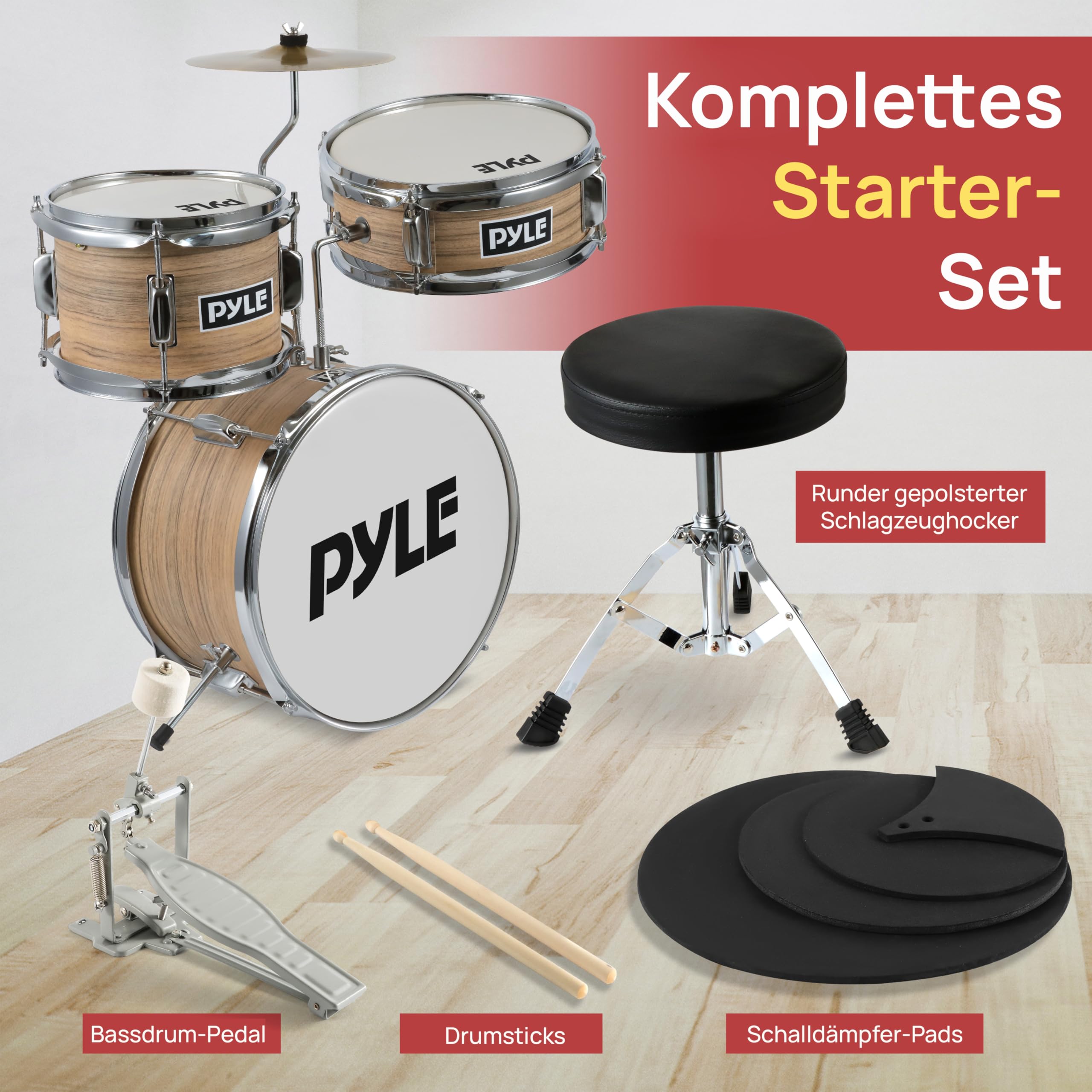 Pyle Kinder Schlagzeug Set – 5-teiliges Drum Kit mit Hocker & Basspedal | Für Kinder 3–12 Jahre, inkl. Bass Drum, Snare Drum, Drumsticks, Dämpfer & Zubehör – Einsteiger Percussion Set