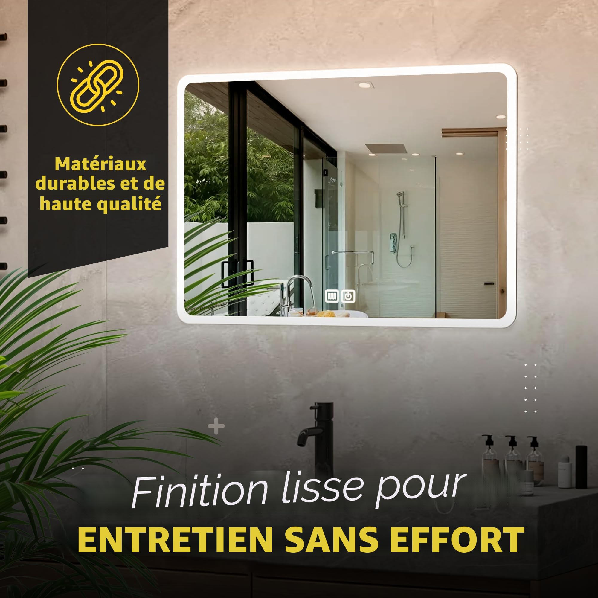 Bayt Miroir LED Salle de Bain 75 x 52 cm, Miroir de Salle de Bain avec Éclairage, 3 Modes de Lumière, Antibuée, Miroir Mural