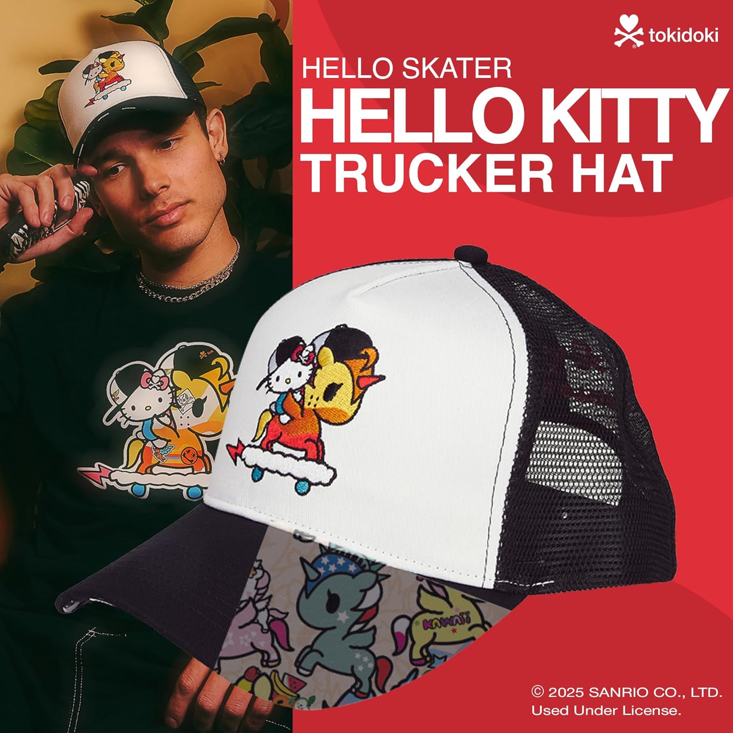 Tokidoki - Hello Kitty Skater Trucker Hat, Snapback Hat with Embroidered Graphic, Women's Cap, 100% Polly Twill, One Size White - Image 2